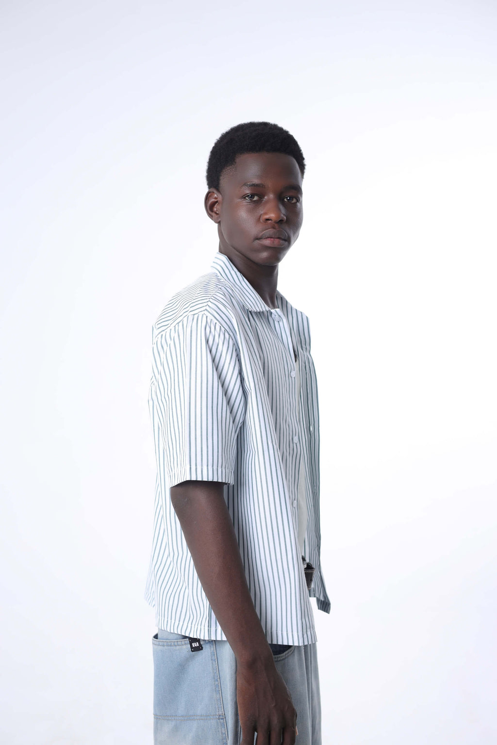Olive Green Striped Cuban Collar Shirt