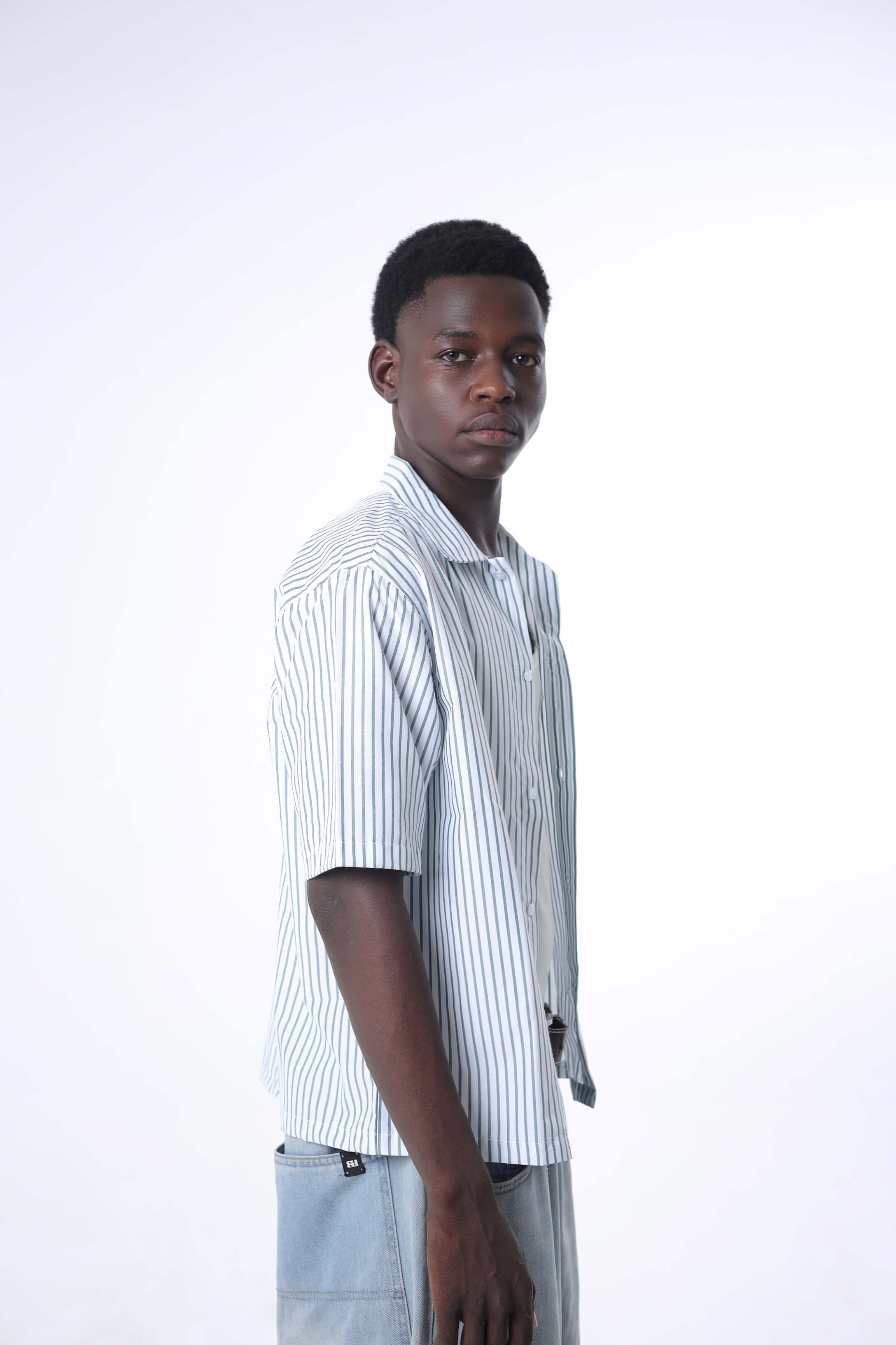 Olive Green Striped Cuban Collar Shirt