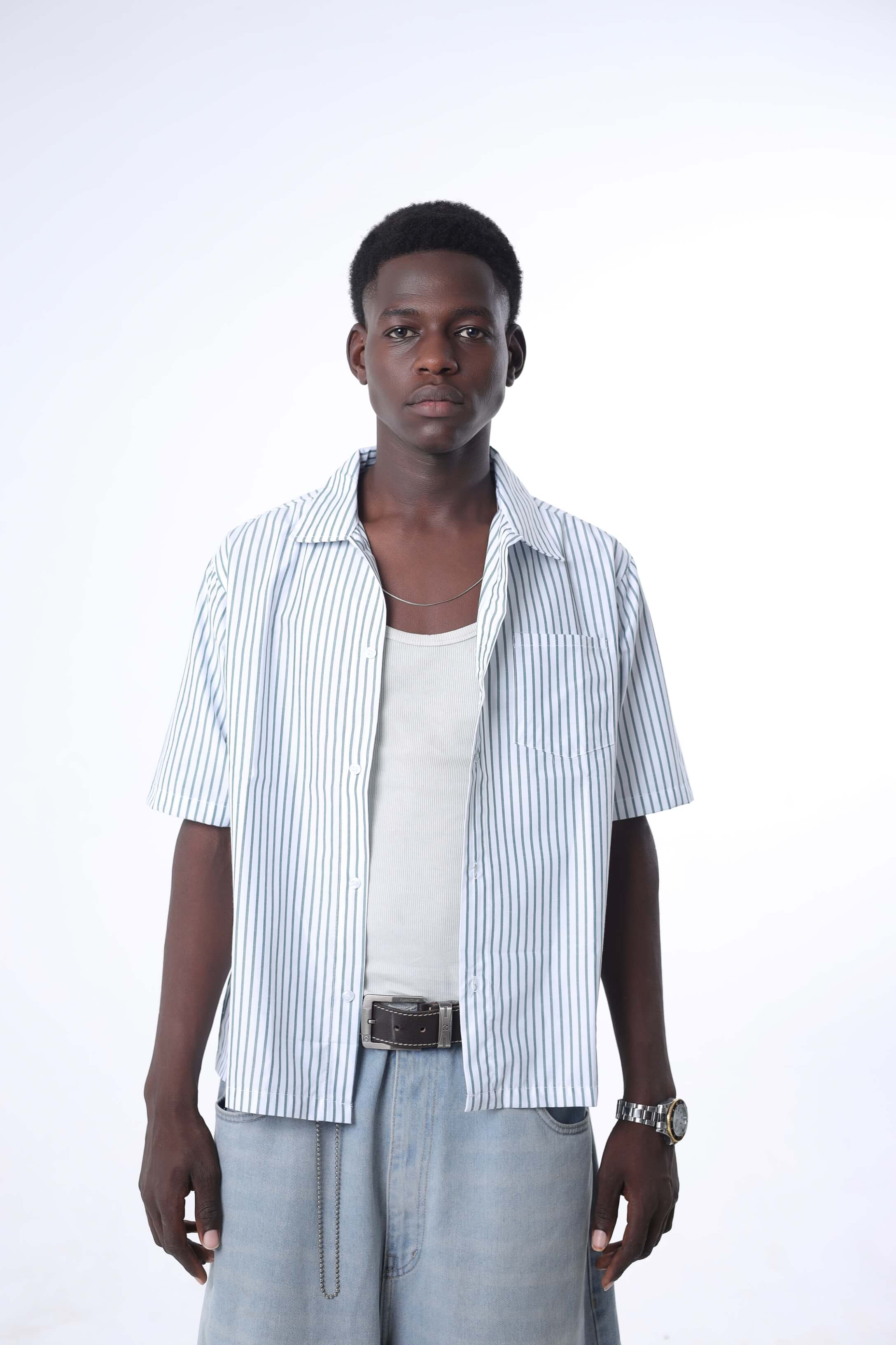 Olive Green Striped Cuban Collar Shirt