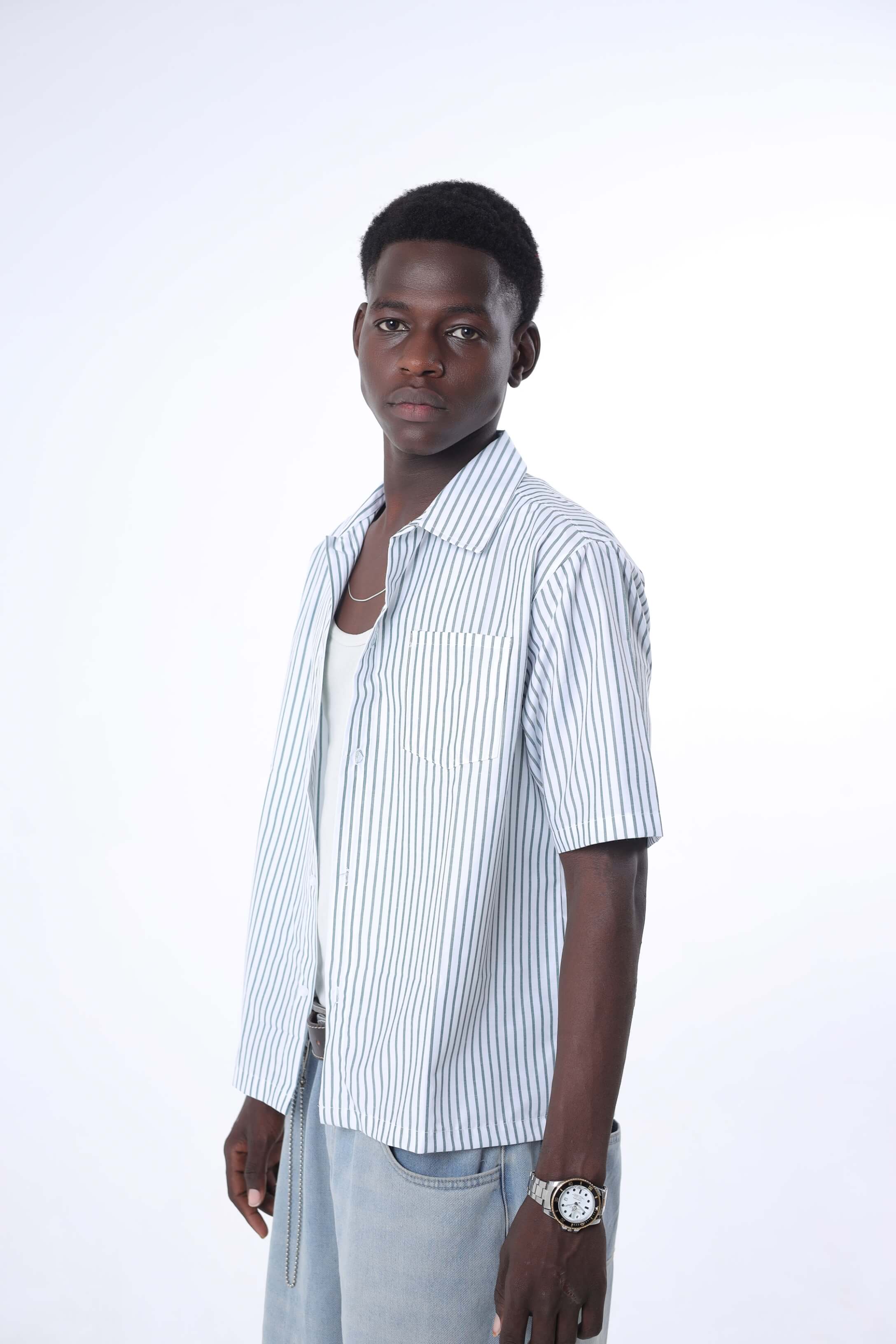 Olive Green Striped Cuban Collar Shirt