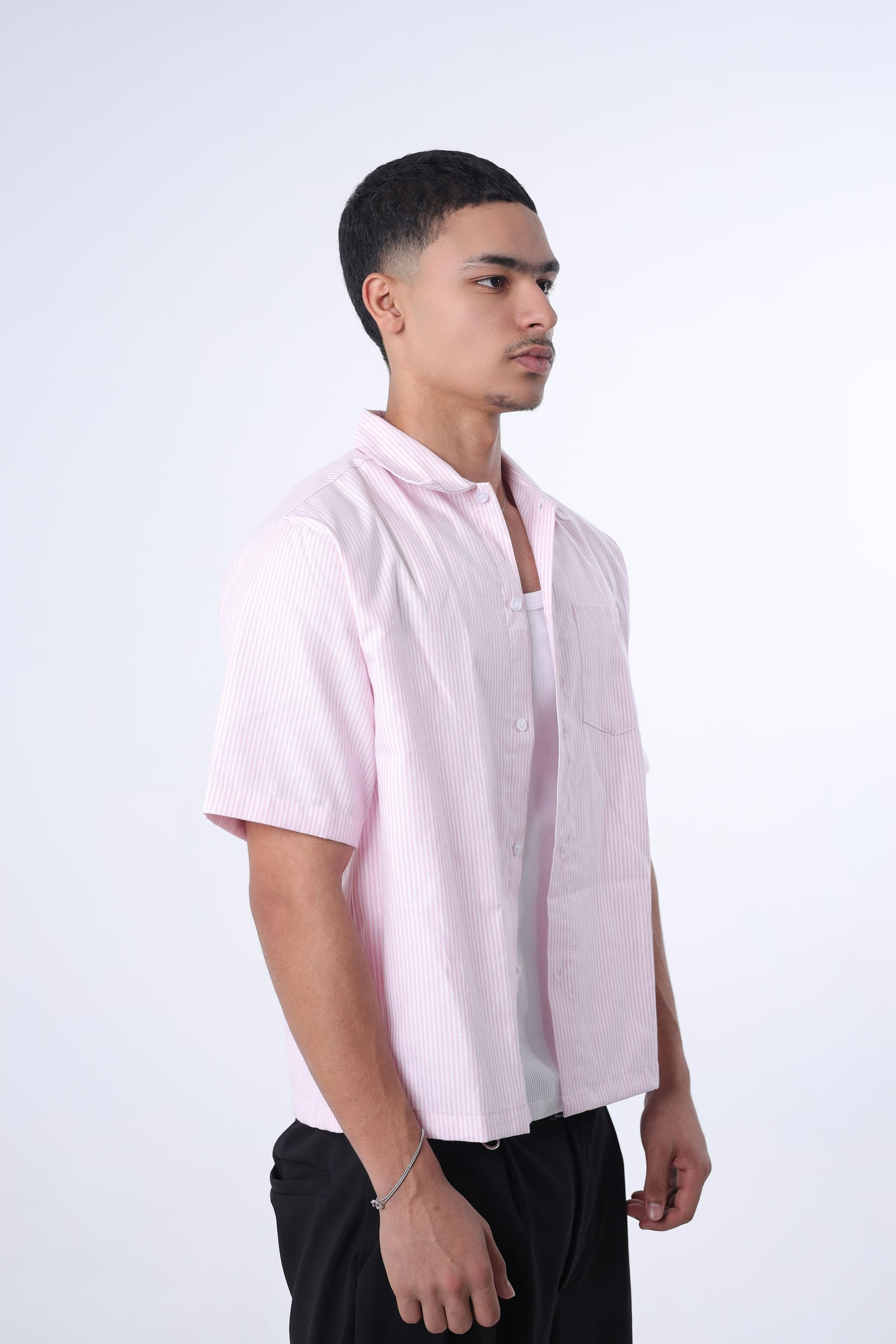 Light Pink Striped Cuban Collar Shirt