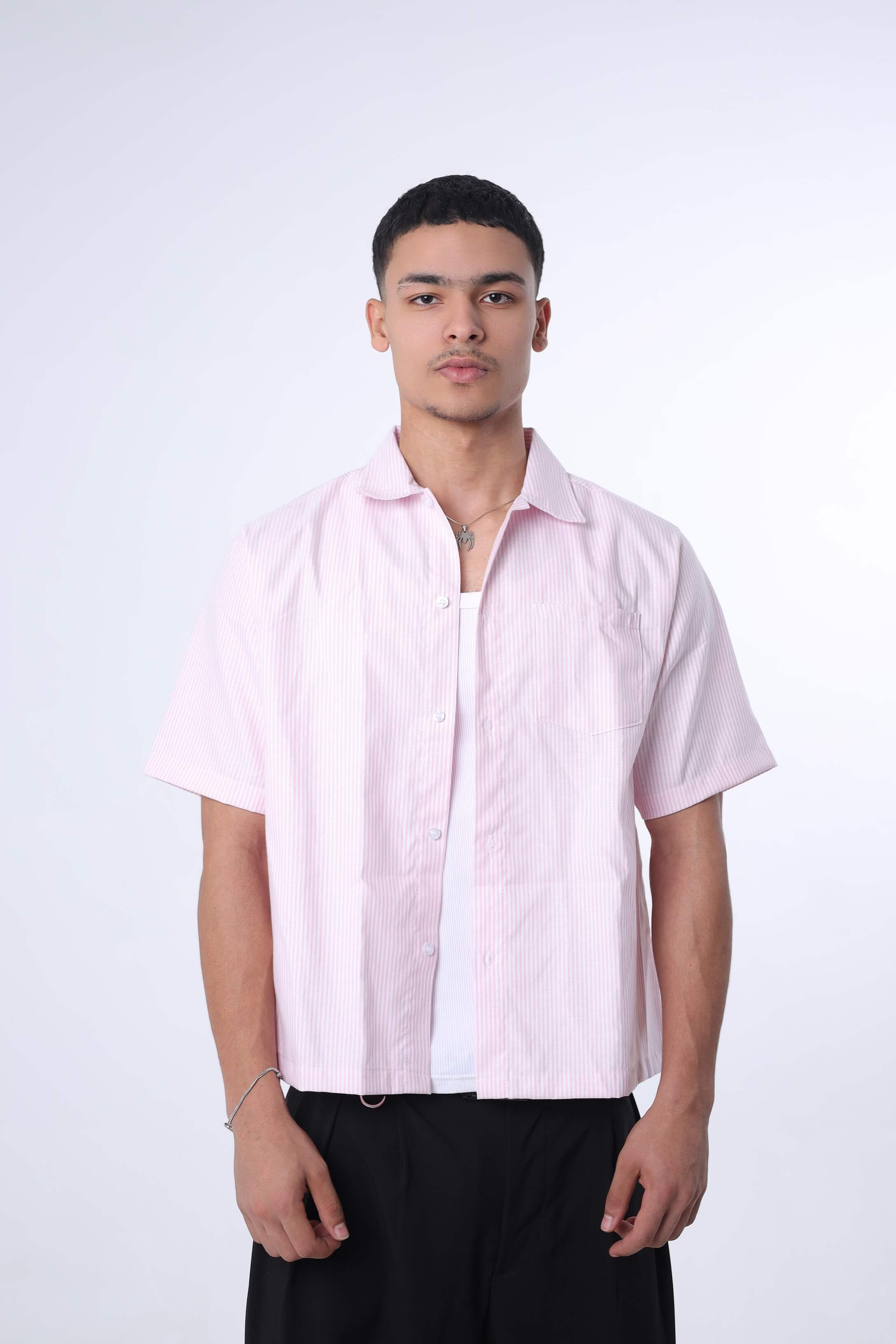 Light Pink Striped Cuban Collar Shirt