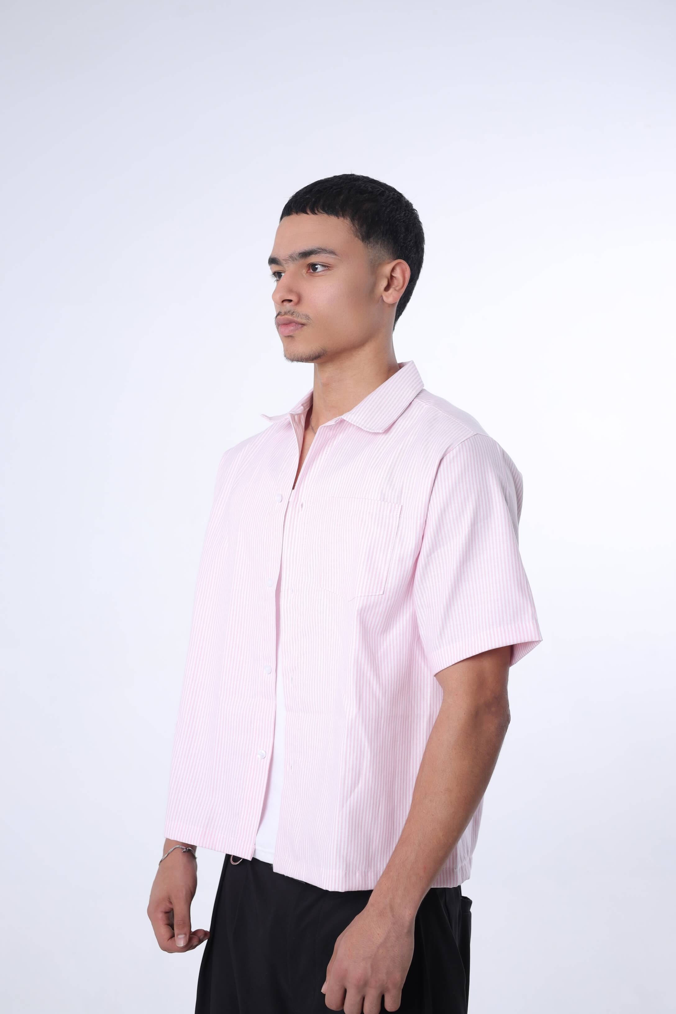 Light Pink Striped Cuban Collar Shirt