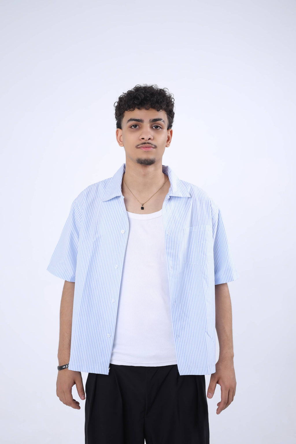 Sky Blue Striped Cuban Collar Shirt