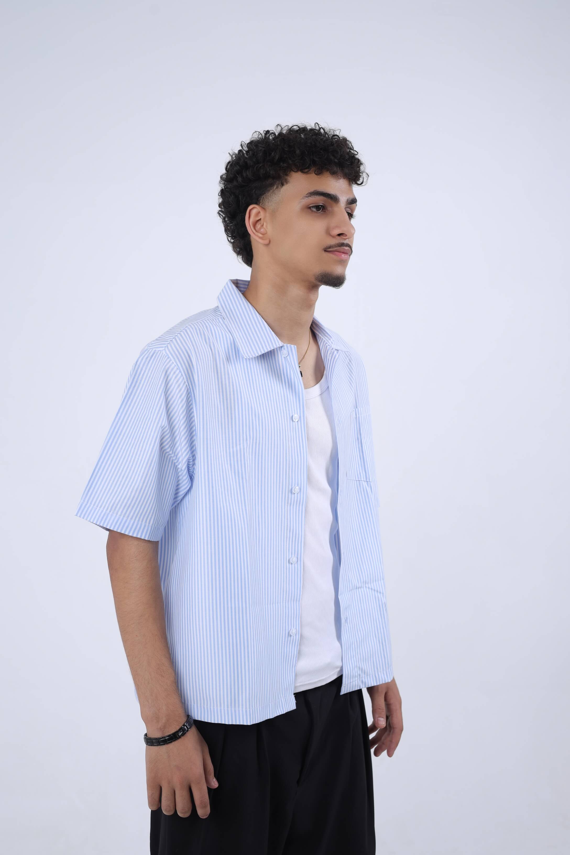 Sky Blue Striped Cuban Collar Shirt