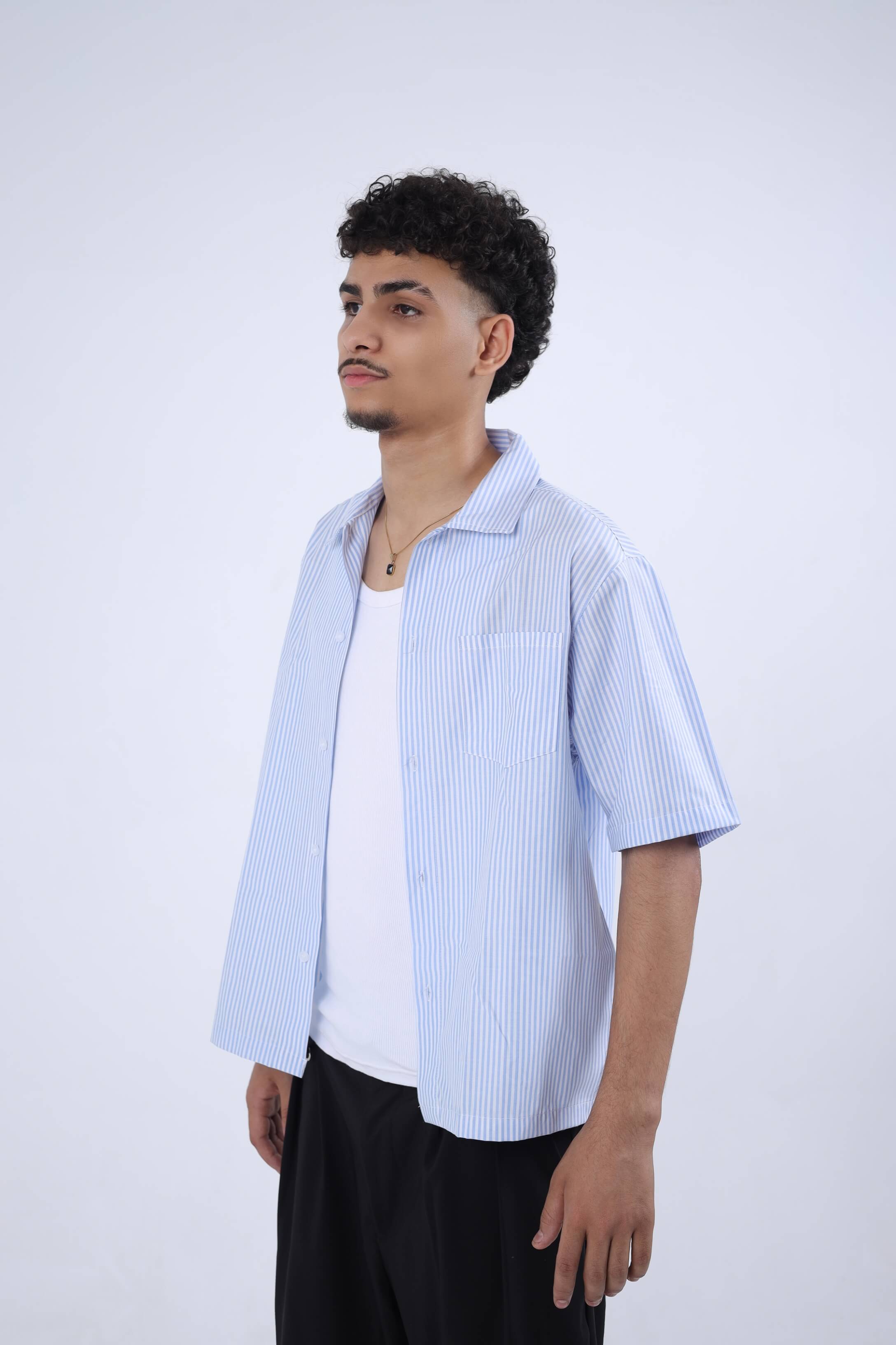 Sky Blue Striped Cuban Collar Shirt