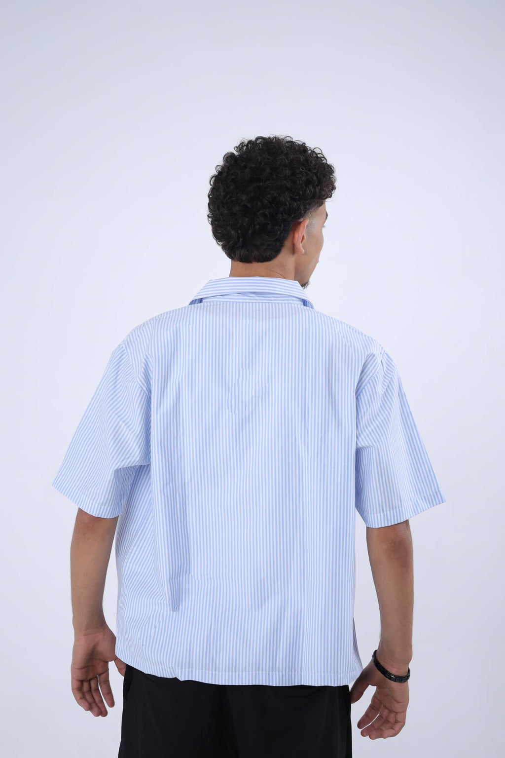 Sky Blue Striped Cuban Collar Shirt