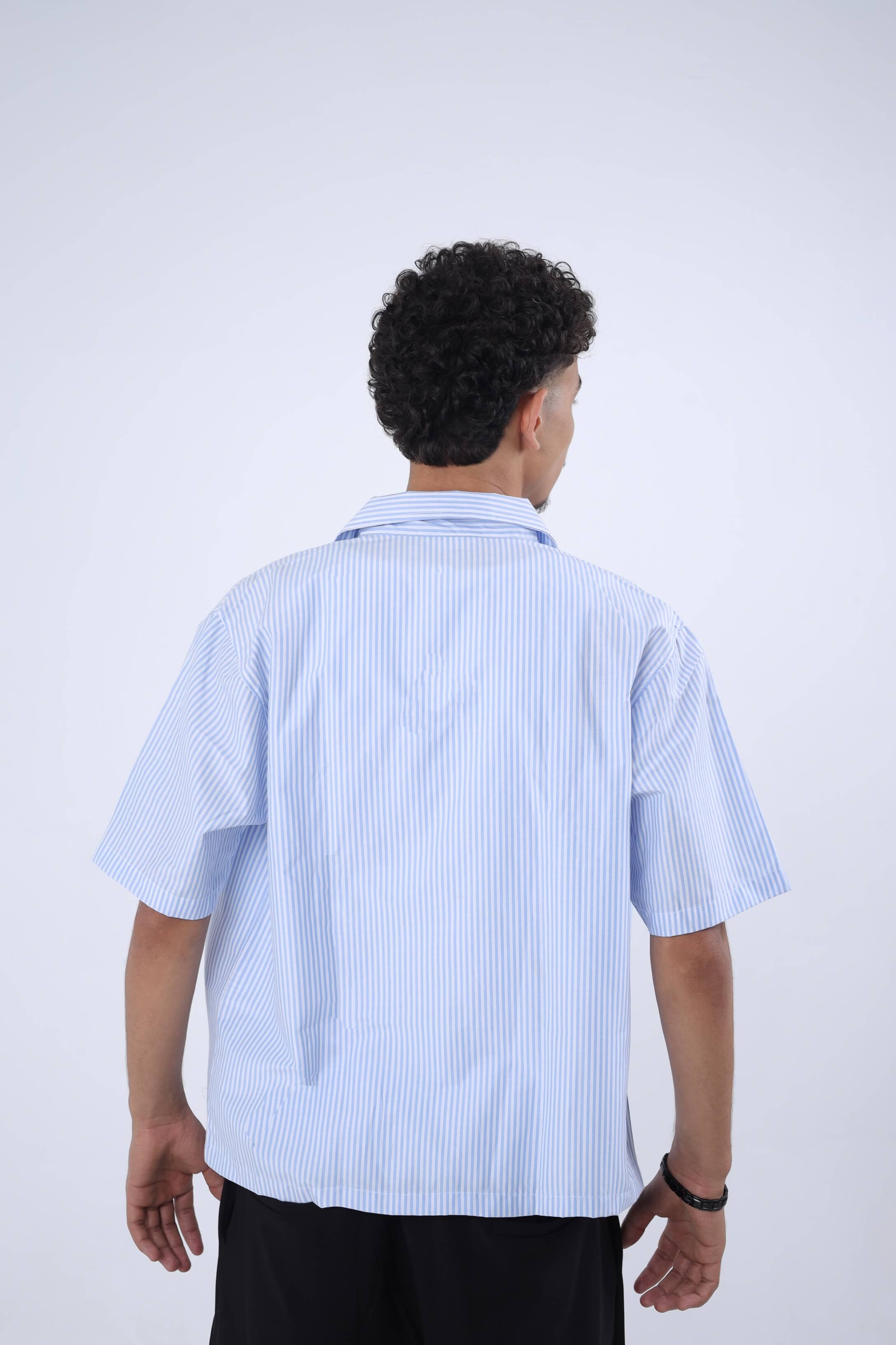 Sky Blue Striped Cuban Collar Shirt