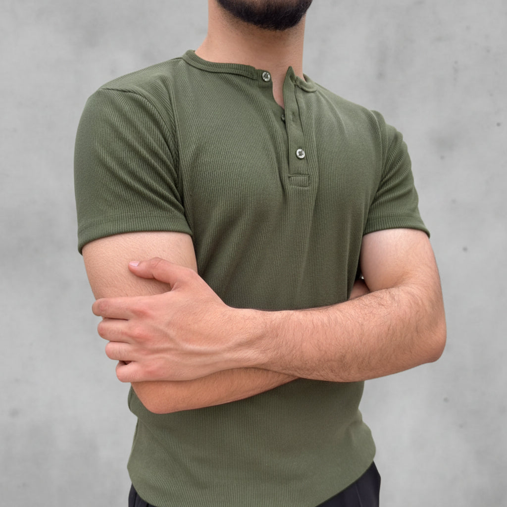 Deep Olive Henley T-Shirt — Slim Fit | WILZ