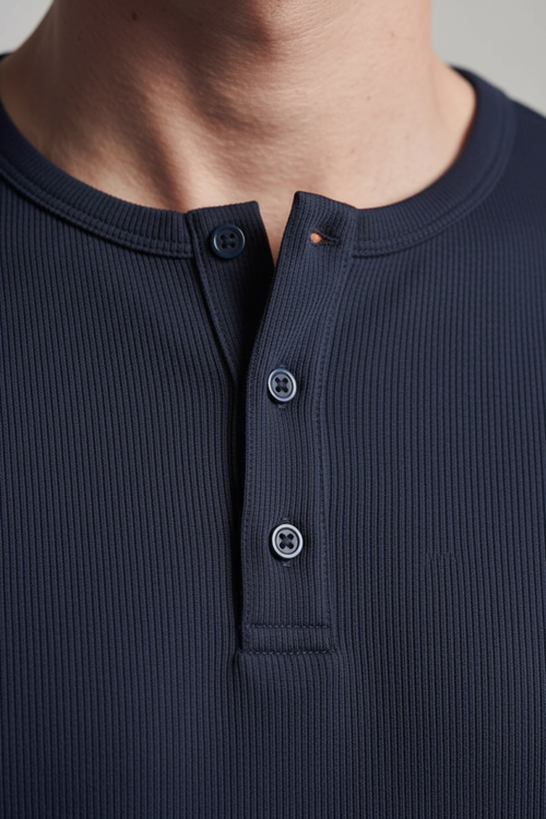 Navy Henley T-Shirt Slim Fit - Close-up Buttons