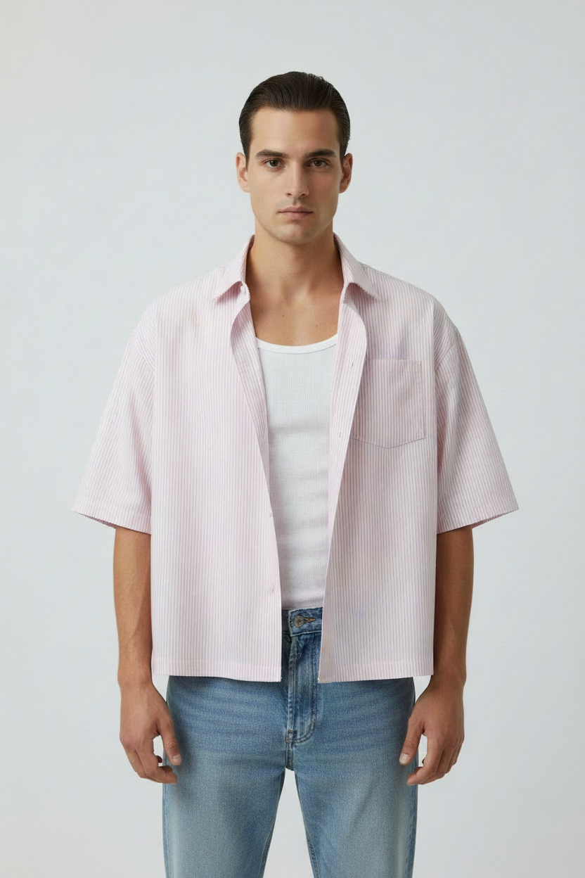Light Pink Striped Cuban Collar Shirt - Corrected