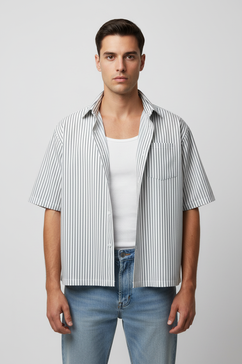 Olive Striped Cuban Collar Shirt - Pro Ecommerce